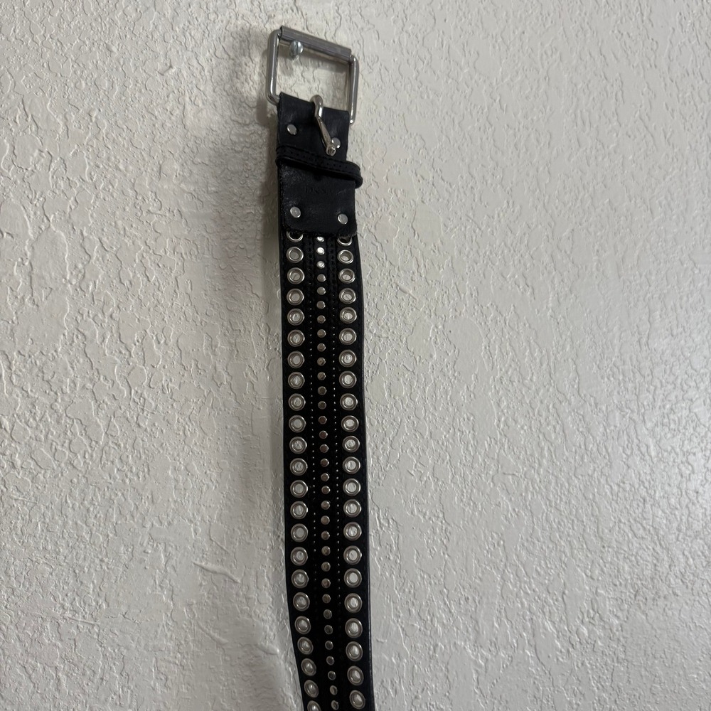Black Leather Studded Grommet Belt Punk Rock Silver Hardware Wide 42 Inch